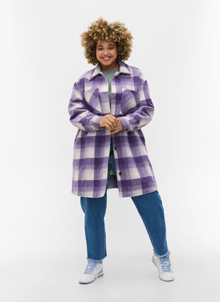 Geruit overhemd jasje met knopen en zakken, Purple Check, Model image number 2