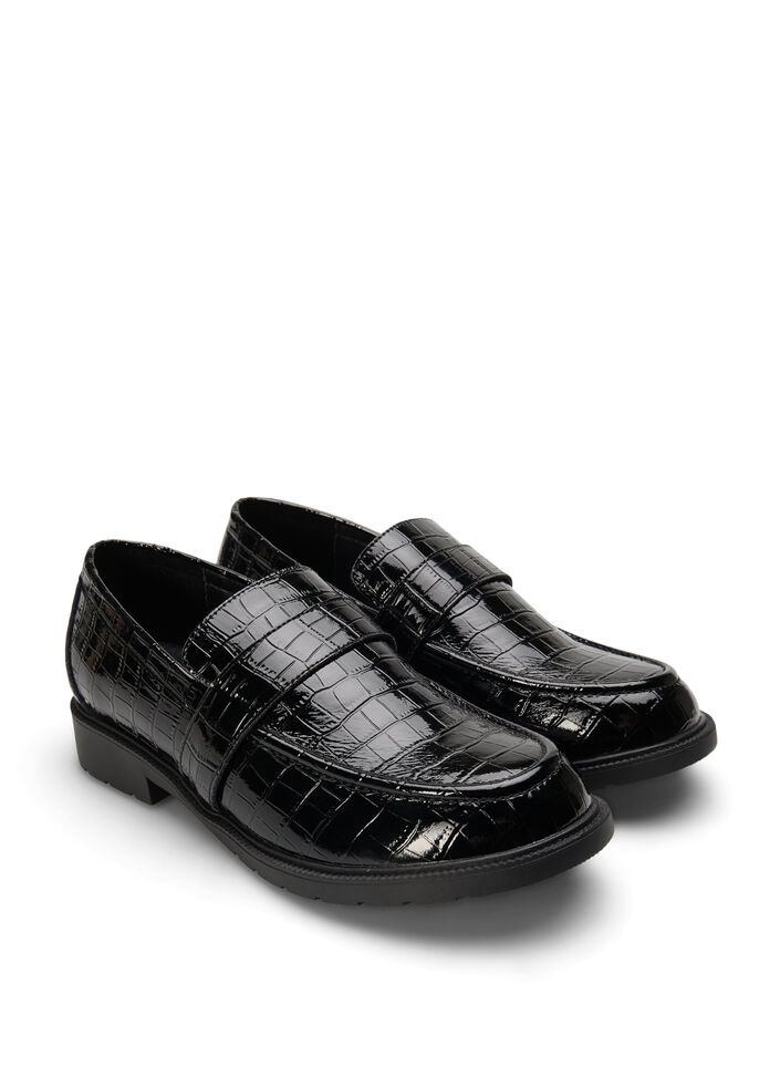 Wijde croco loafers van leer, Black, Packshot image number 1