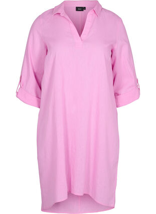 Gestreepte jurk gemaakt van katoen en linnen, Begonia Pink, Packshot image number 0