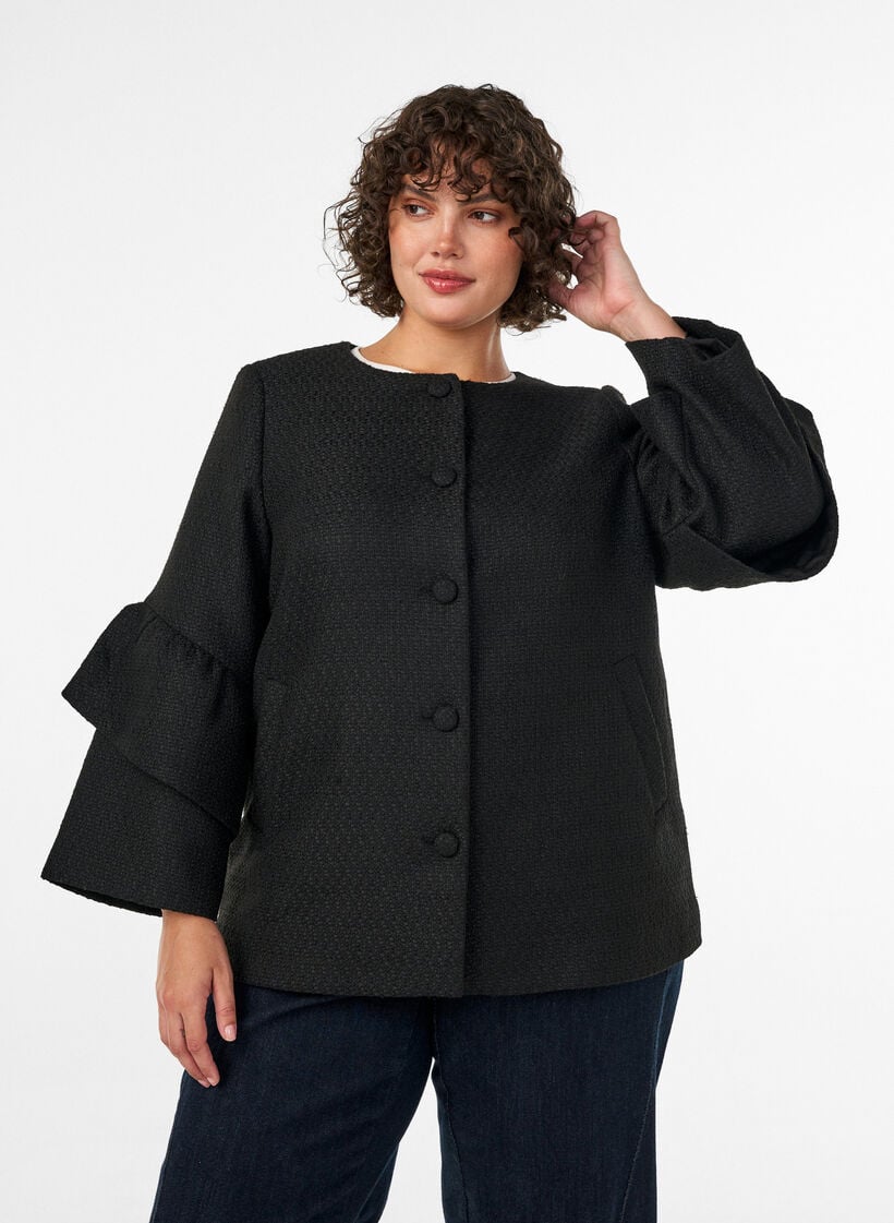 Boucl&eacute; jasje met ruchesdetails, Zwart, Model image number 0