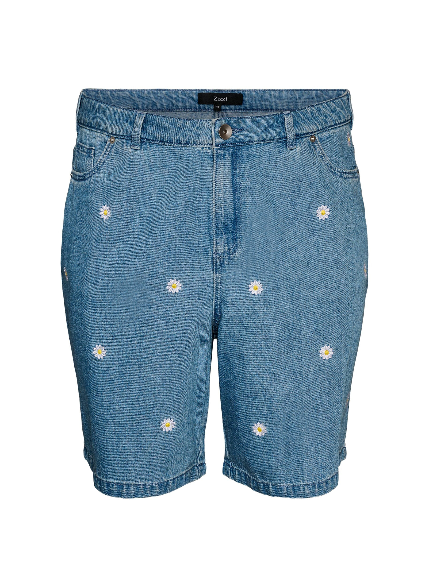 Zizzi High waist denimshorts met bloemenborduursel, Blauw, Packshot image number 0