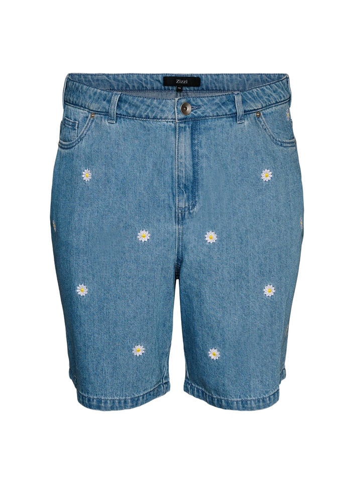 High waist denimshorts met bloemenborduursel, Blauw, Packshot image number 0