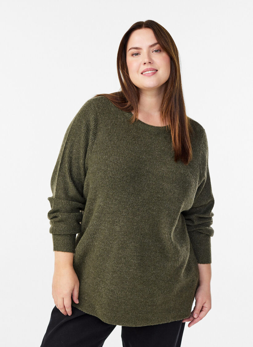 Melange breisel blouse met ronde hals, Groen, Model image number 0
