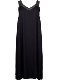 Halflange jurk met bandjes van viscose met kant, Black