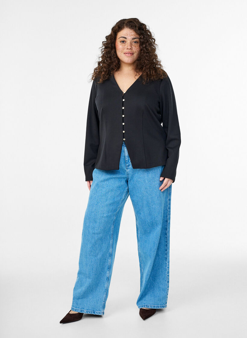 Vest met V-hals en goudkleurige knopen, Zwart, Model image number 1