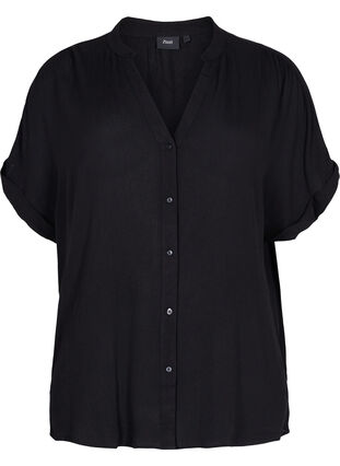 Viscose overhemd met korte mouwen en v-hals, Black, Packshot image number 0
