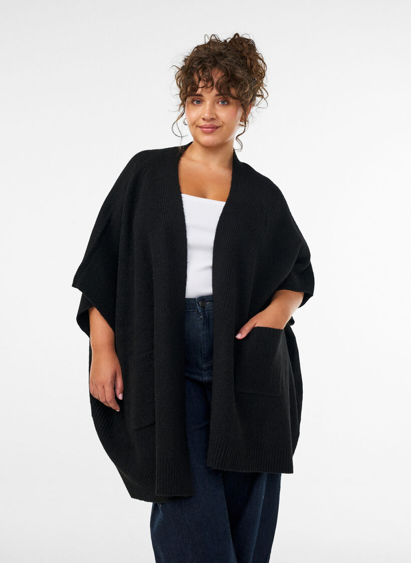 Cardigan met open voorkant en wijde mouwen, Zwart, Model image number 0