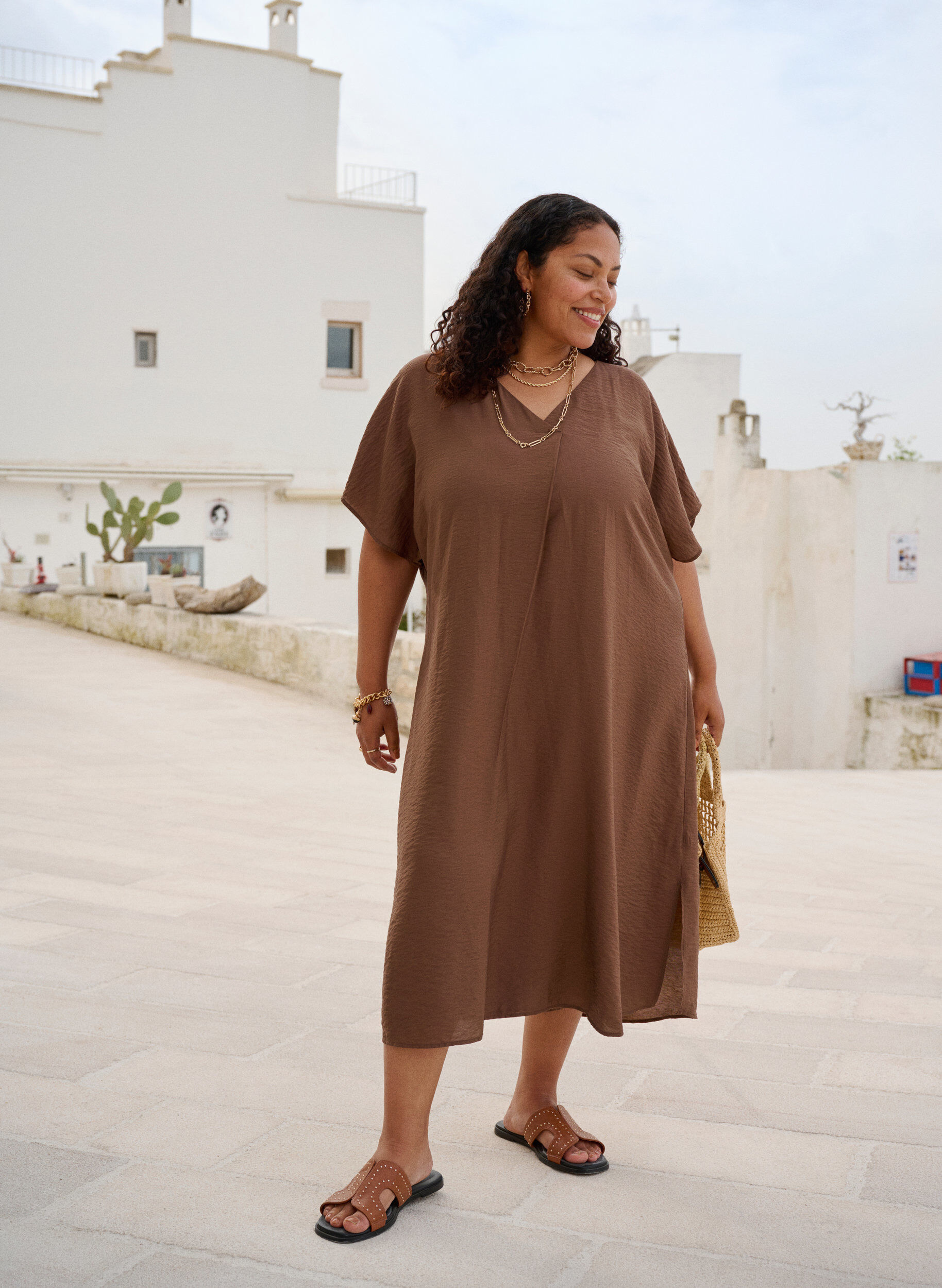 Jurk met V-hals van viscose