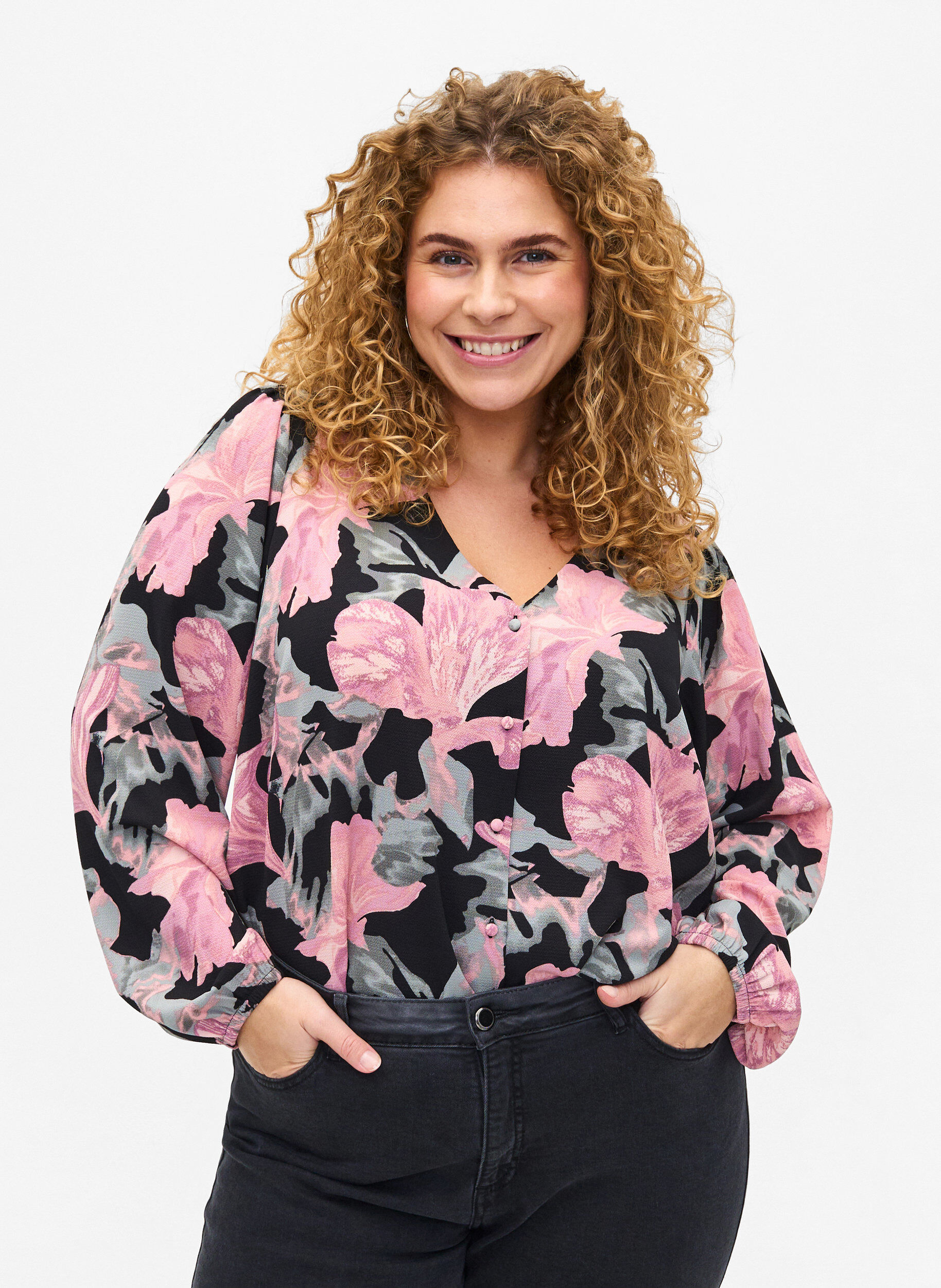 Zizzi Blouse avec col en V et imprim&eacute;, Black Pale Mauve Fl., Model image number 0