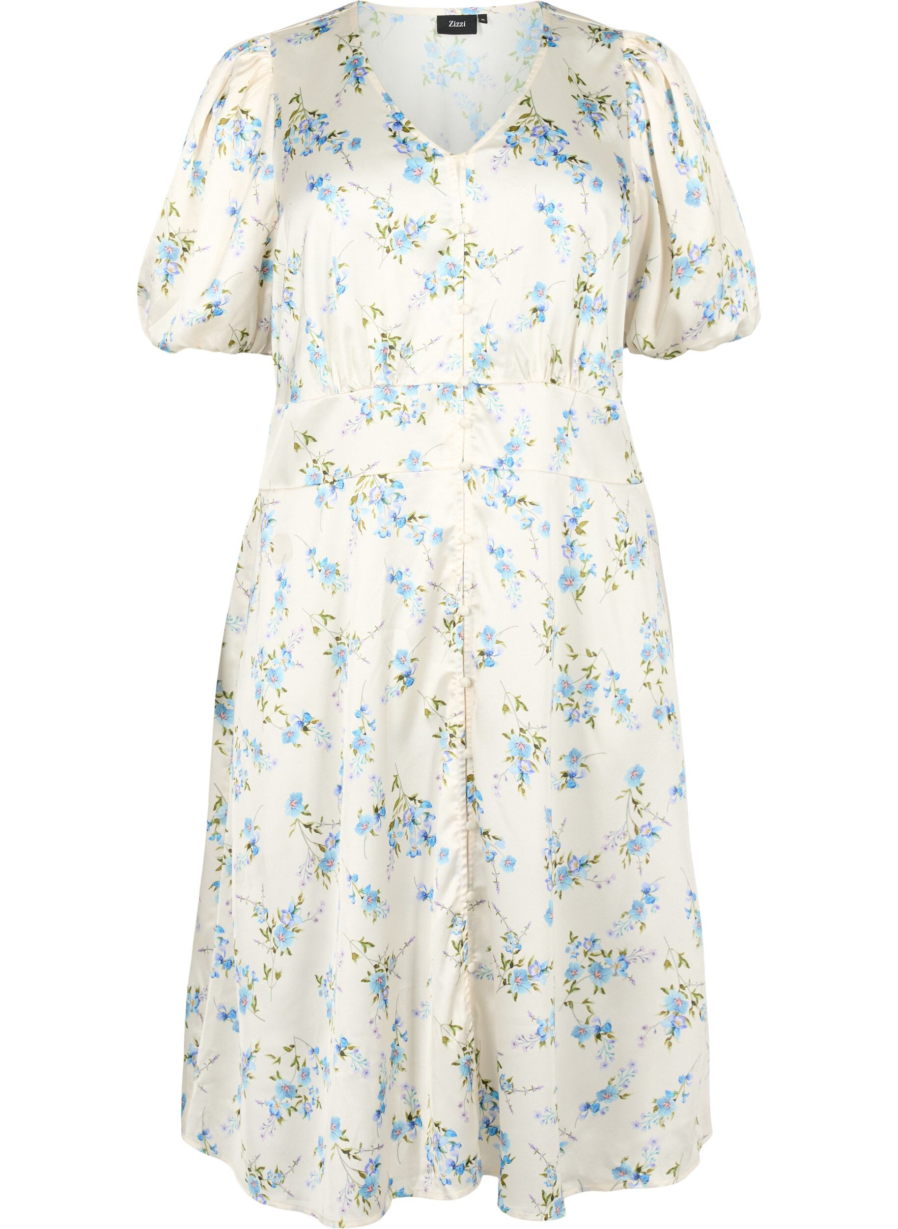 Zizzi Satijnen jurk met pofmouwen en bloemenprint, Off White Blue Fl., Packshot image number 0