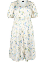 Satijnen jurk met pofmouwen en bloemenprint, Off White Blue Fl.