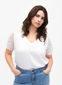 Katoenen t-shirt met korte kanten mouwen, Bright White, Model
