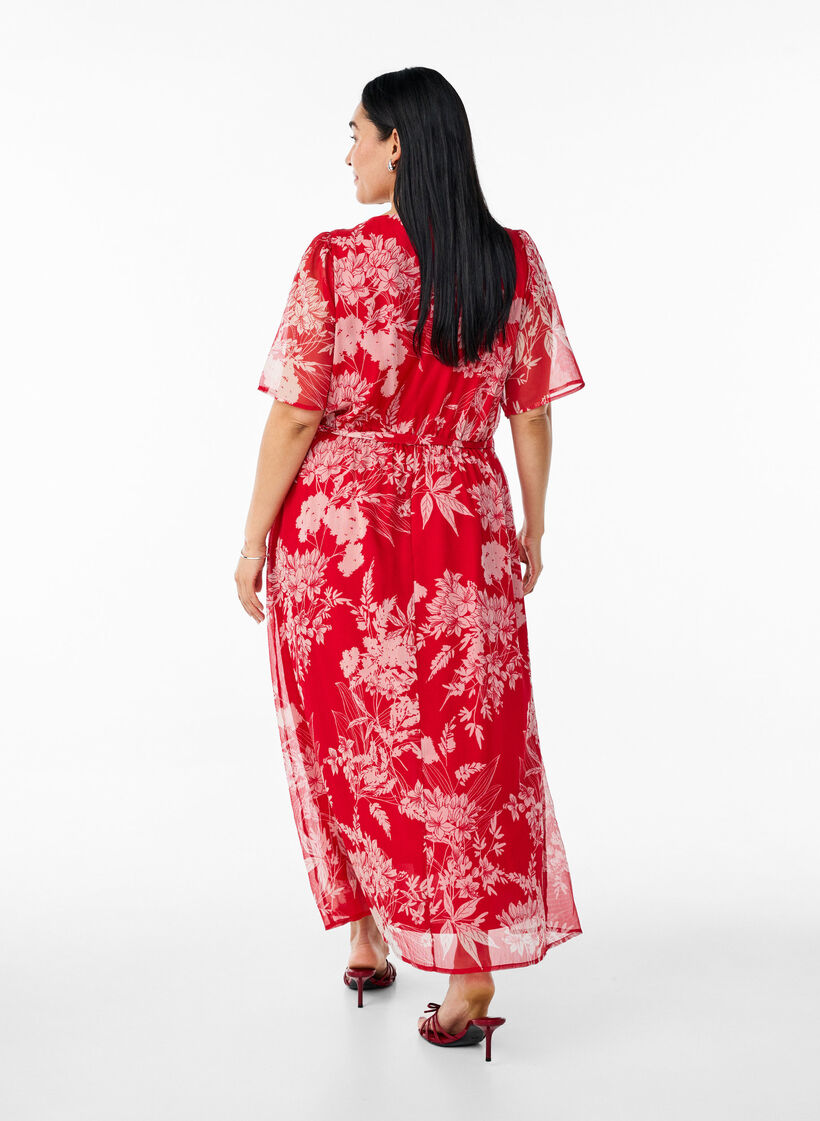Lange chiffon jurk met bloemenprint, Red Flower AOP, Model image number 1