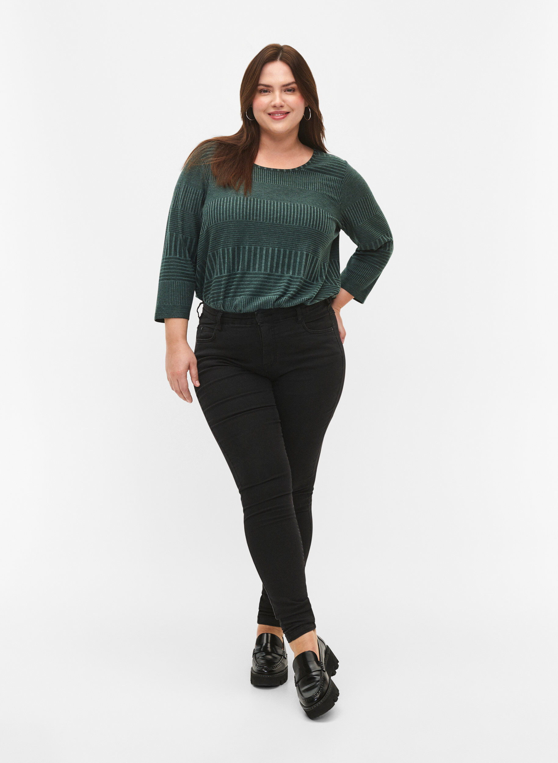 Zizzi Blouse met driekwartmouwen en een gestreept patroon, Scarab Melange, Model image number 2