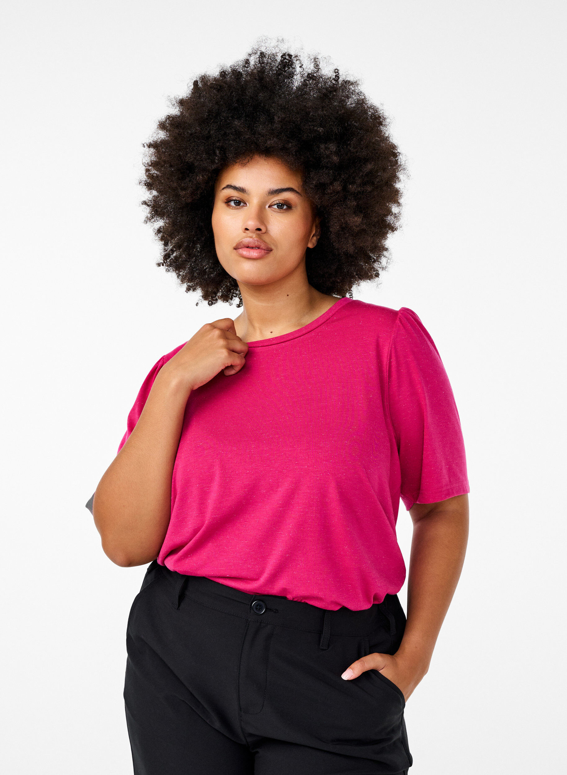 Zizzi T-shirt met glitter en korte puffmouwen, Roze, Model image number 0