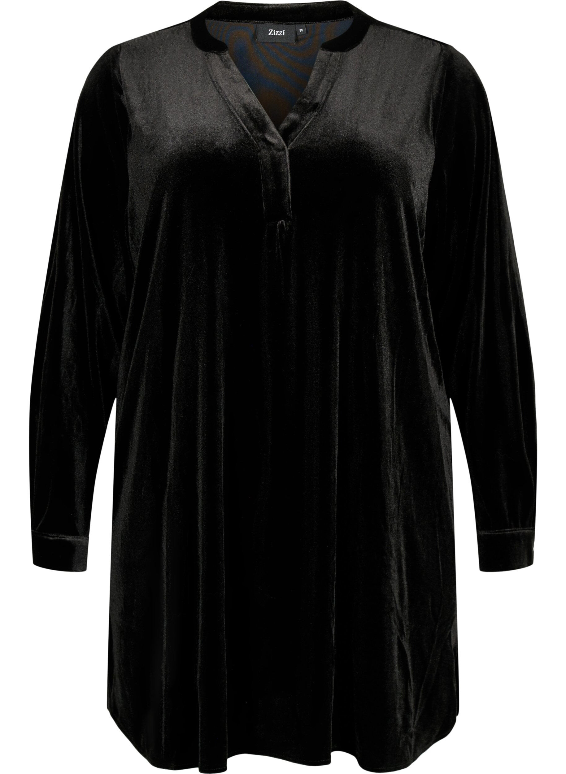 Zizzi  Velour jurk met lange mouwen en V-hals, Black, Packshot image number 0