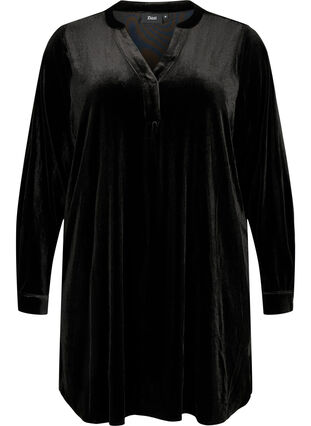  Velour jurk met lange mouwen en V-hals, Black, Packshot image number 0