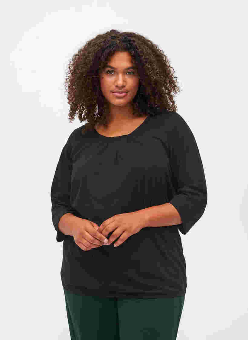 Katoenen blouse met 3/4 mouwen, Black, Model image number 0