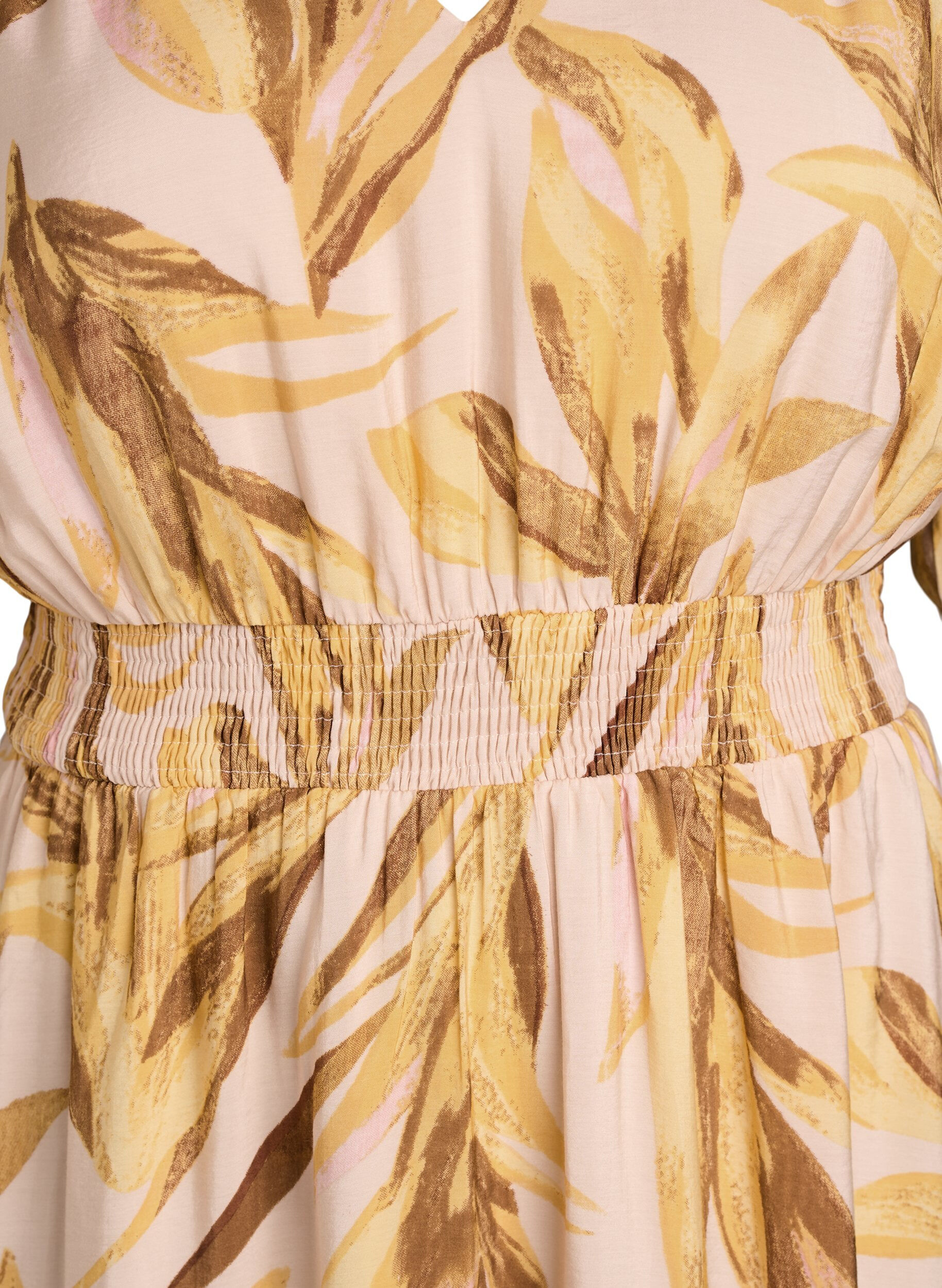 ZizziViscose midijurk met bladprint en gesmokte taille, Geel, Packshot image number 2