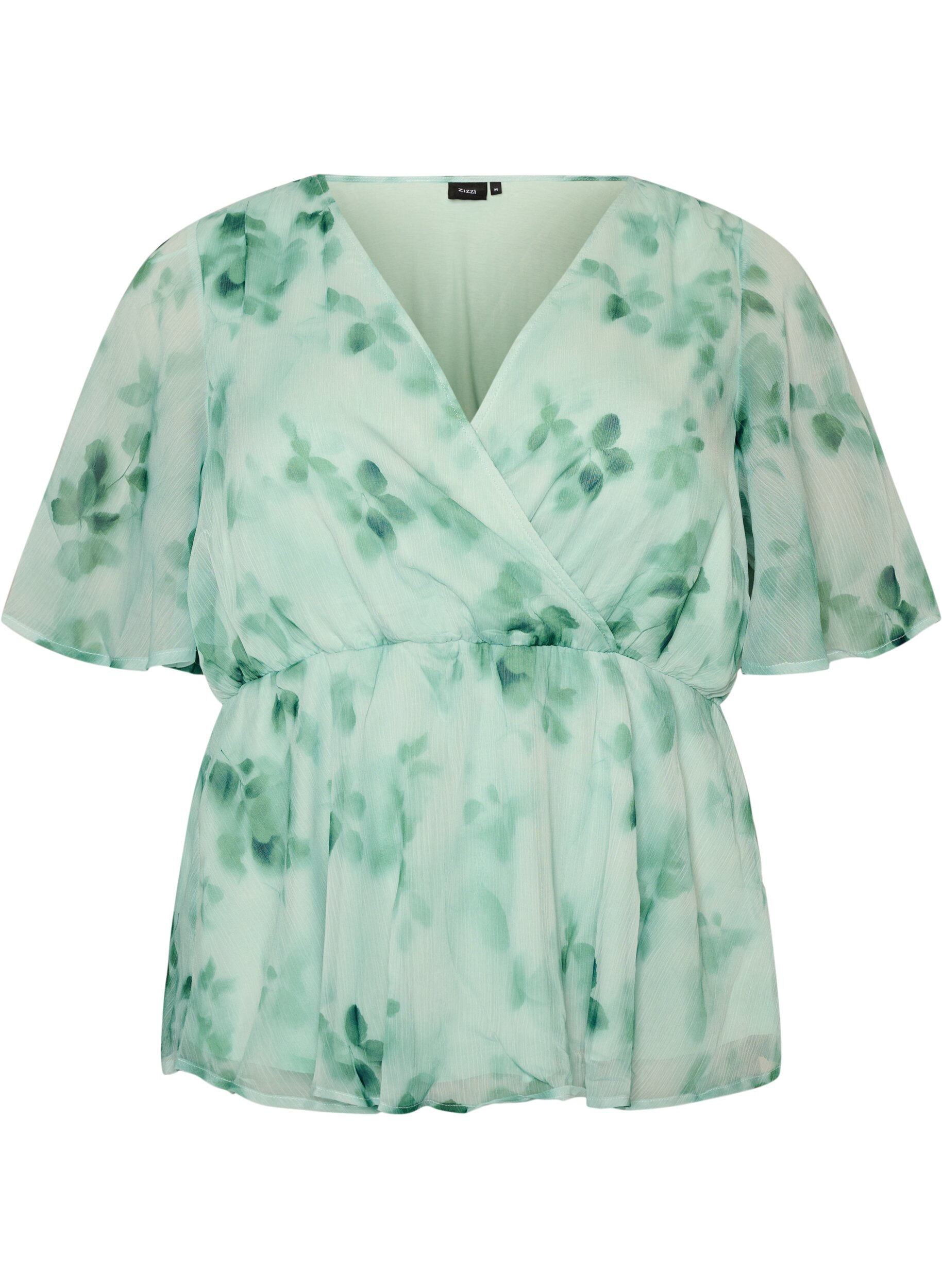 ZizziBloemen chiffon blouse met korte mouwen, Groen, Packshot image number 0