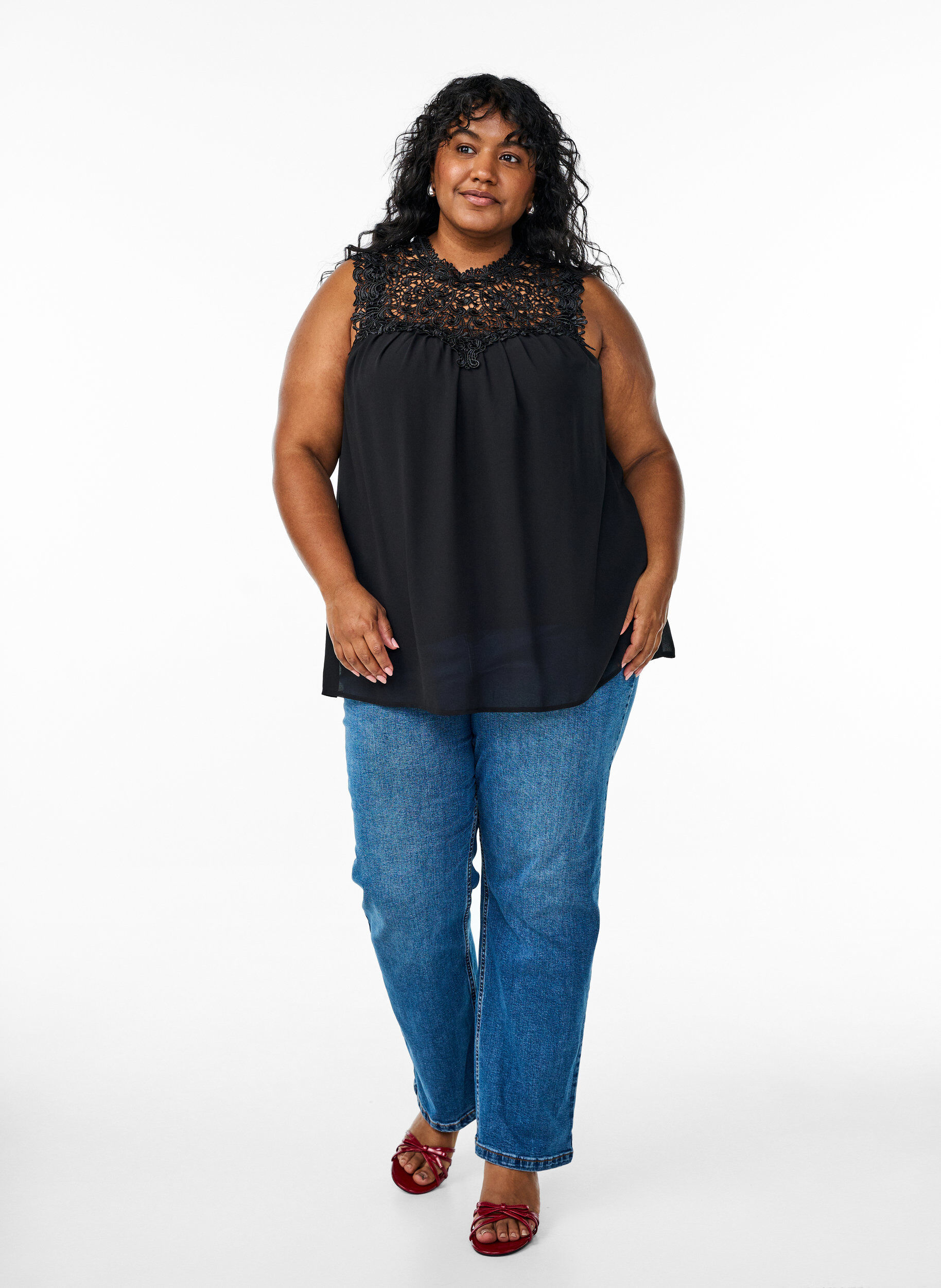 Zizzi Mouwloos feesttopje met haakwerk, Zwart, Model image number 1