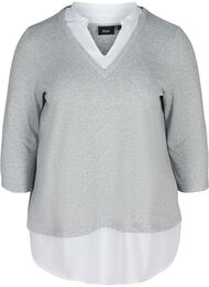 Gemêleerde blouse met 3/4 mouwen en hemd details, Light Grey Melange