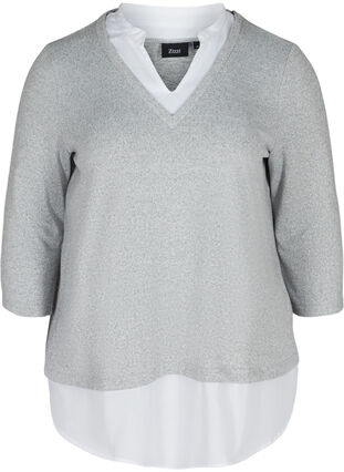 Gemêleerde blouse met 3/4 mouwen en hemd details, Light Grey Melange, Packshot image number 0
