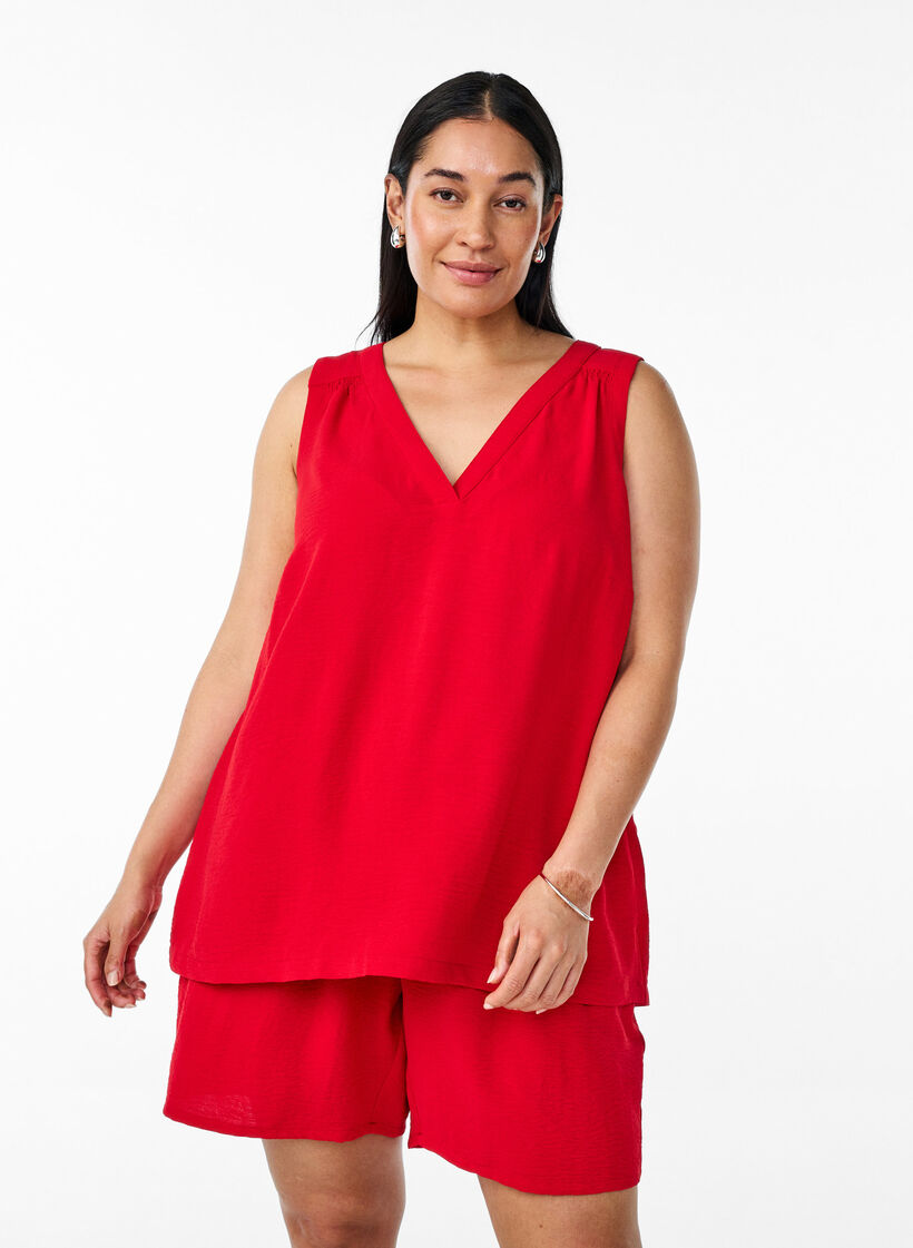 Mouwloze top met kreukeffecten, Rood, Model image number 0