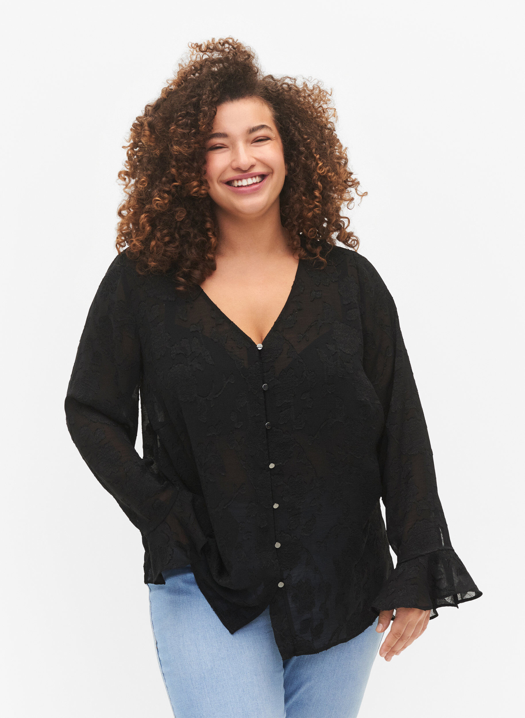 Zizzi Lange mouw shirt met jacquard look, Black, Model image number 0