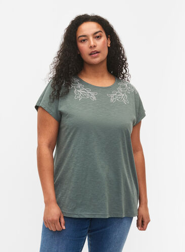 Katoenen t-shirt met bladprint, Balsam Green Leaf, Model image number 0