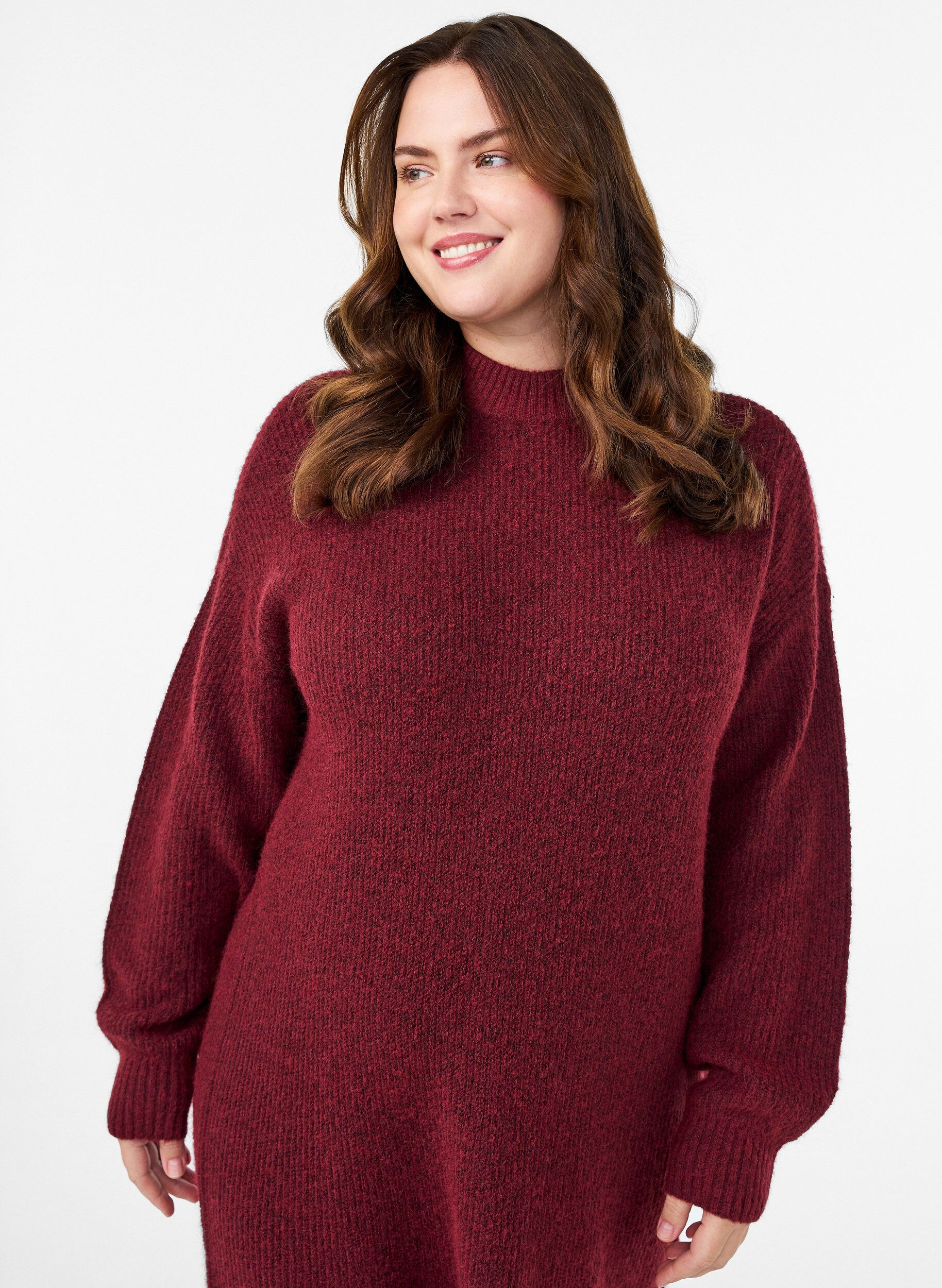 Zizzi Lange gebreide jurk met hoge hals, Rood, Model image number 2