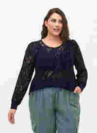 Kanten blouse met franje, Navy, Model