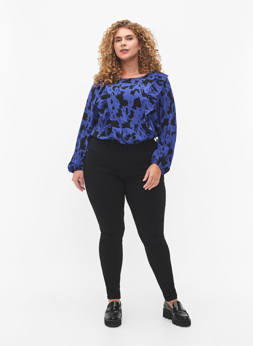Blouse met lange mouwen en ruches, Black Blue AOP, Model image number 2