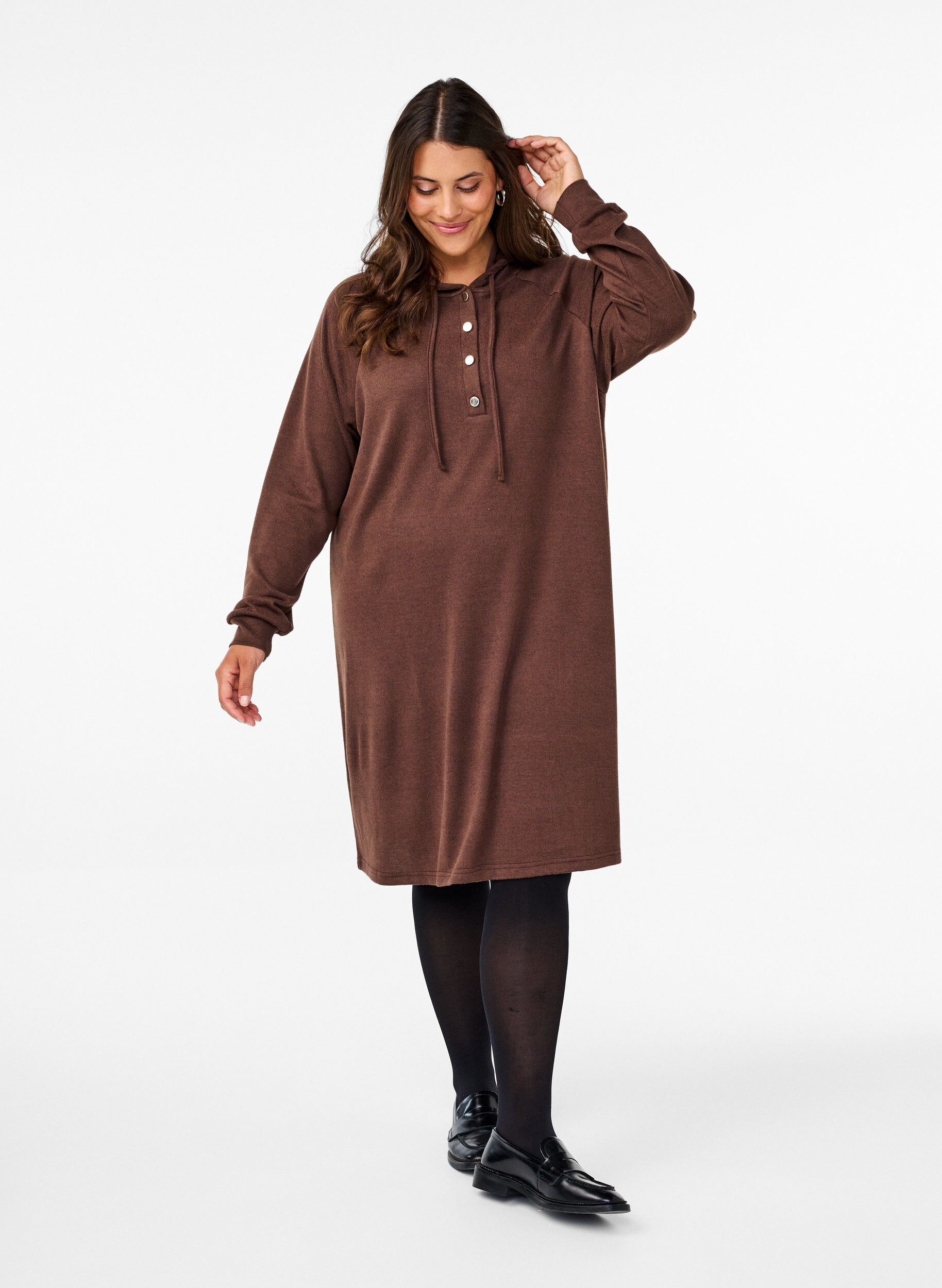 Zizzi Sweaterjurk met lange mouwen en capuchon, Chocolate M. M&eacute;l., Model image number 2