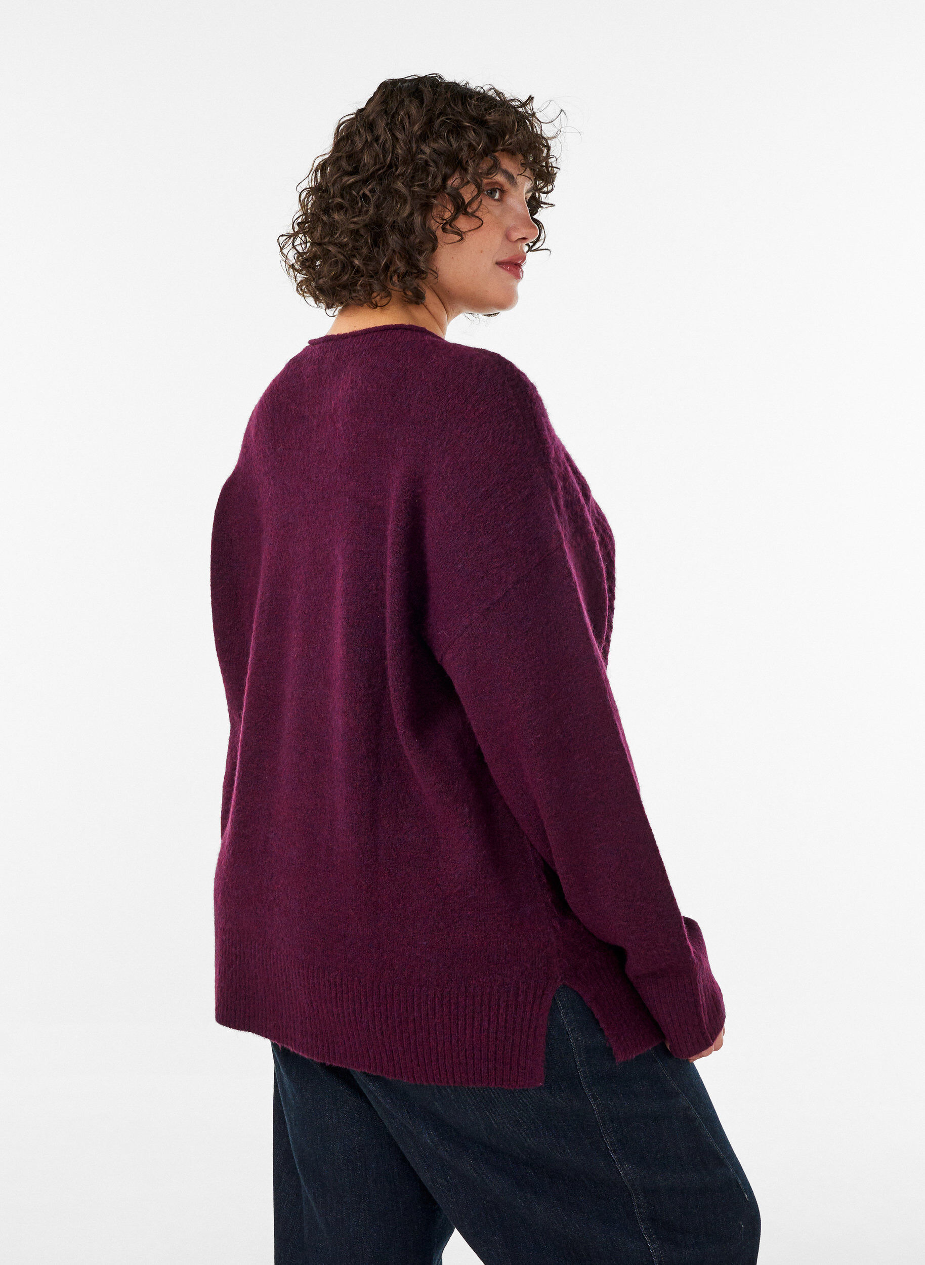 ZizziGebreide blouse met V-vormig geribd patroon en zijsplitjes, Rood, Model image number 2