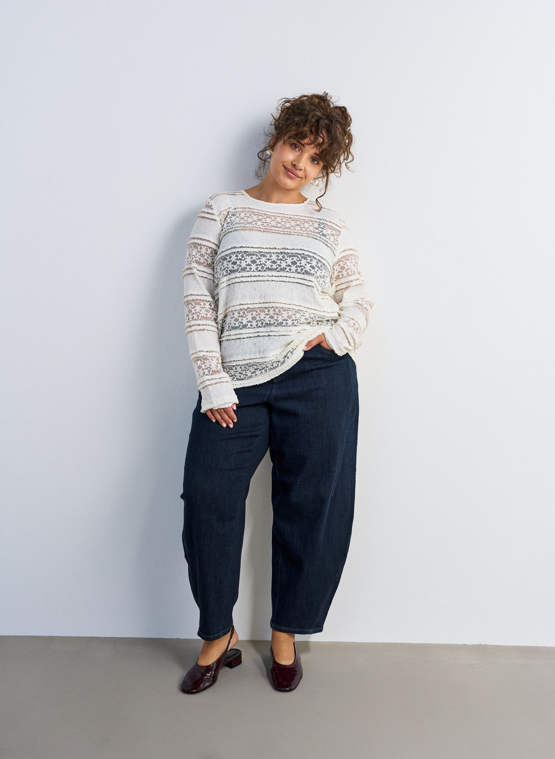 ZizziKanten blouse met lange mouwen, Vanille, Model image number 1