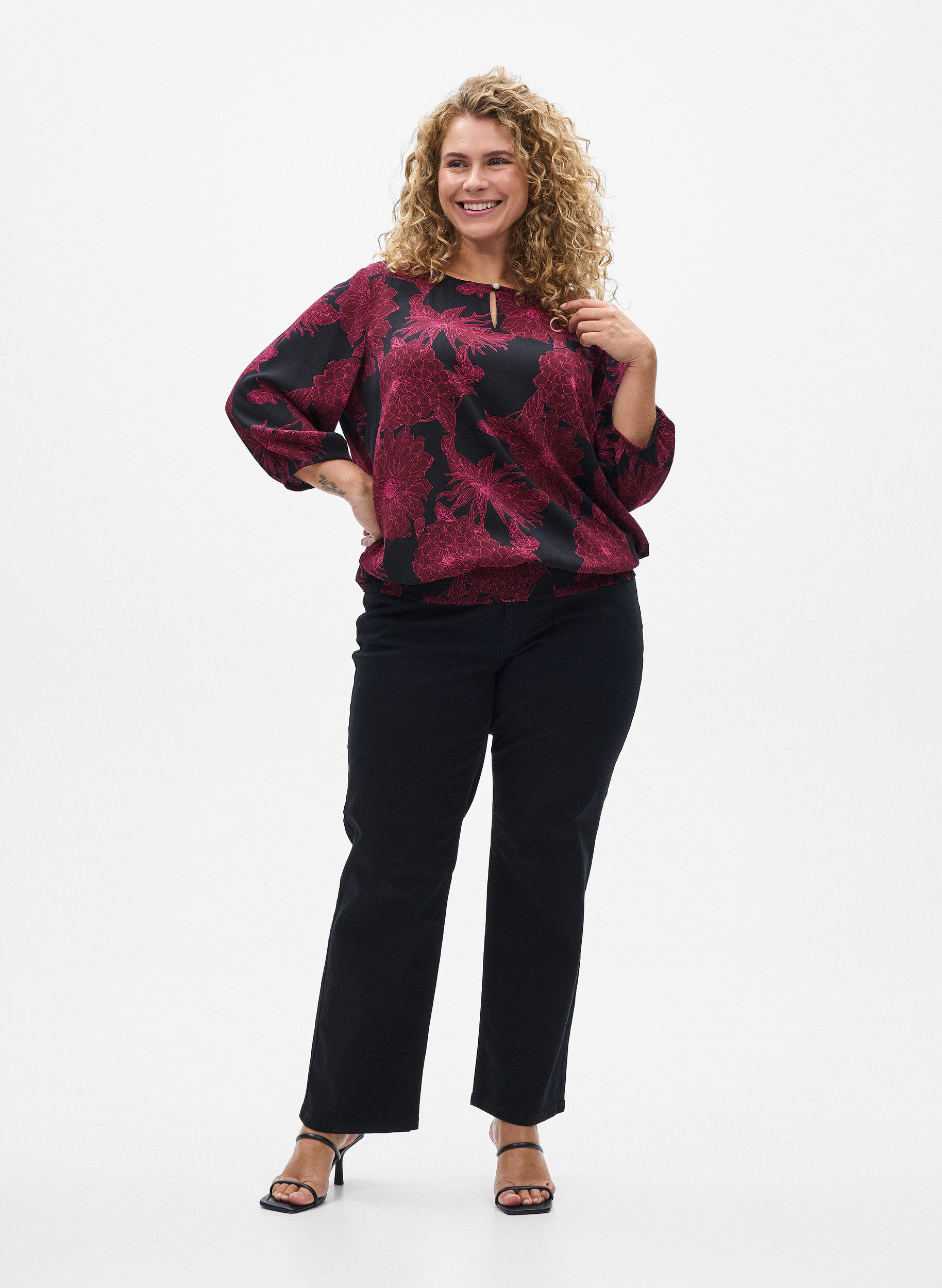 ZizziViscose blouse met bloemenprint en smockwerk, Donker Bordeaux, Model image number 1