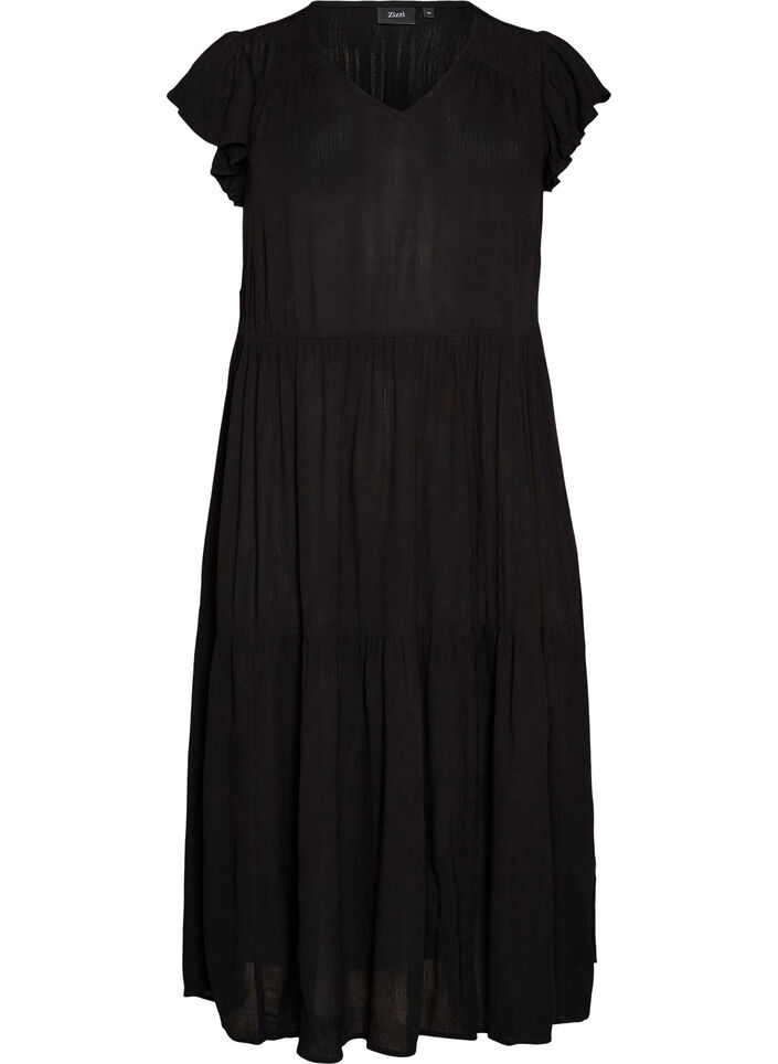 Midi jurk van viscose met ruches mouwen, Zwart, Packshot image number 0