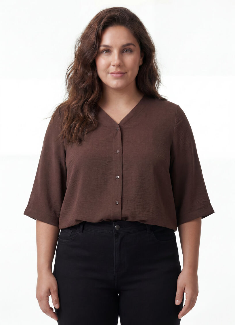 Shirtblouse met V-hals en 3/4 mouwen, Bruin, Model image number 0