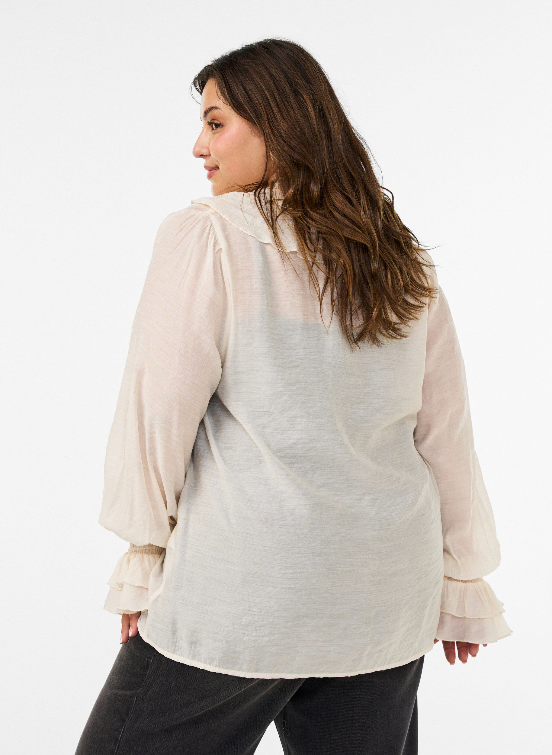 ZizziViscose blouse met ruches en lange mouwen, Vanille, Model image number 2