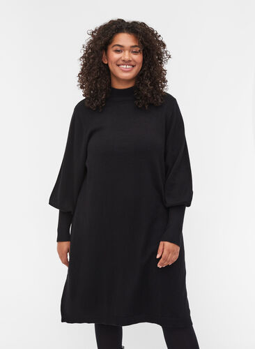 Gebreide jurk in viscosemix met ballonmouwen, Black, Model image number 0