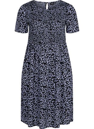 Viscose jurk met print en smokwerk, Blue Dot, Packshot image number 0