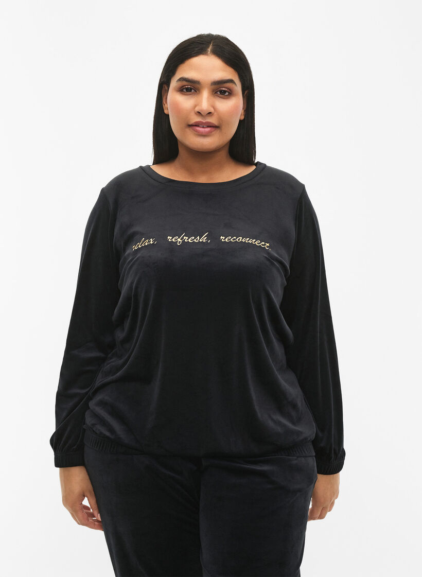 Velour Blouse met geborduurd tekst, Black, Model image number 0