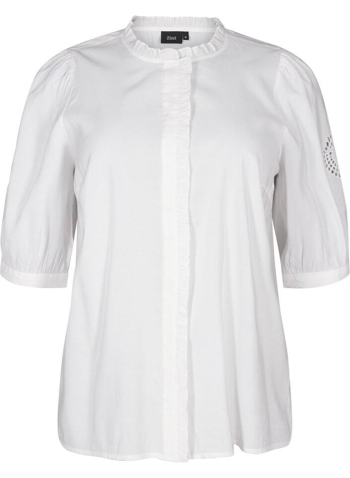 Overhemdblouse met ruches en broderie anglaise, Wit, Packshot image number 0