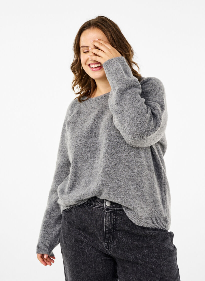 Ruimvallende gebreide blouse met ronde hals, Medium Grey Melange, Model image number 0