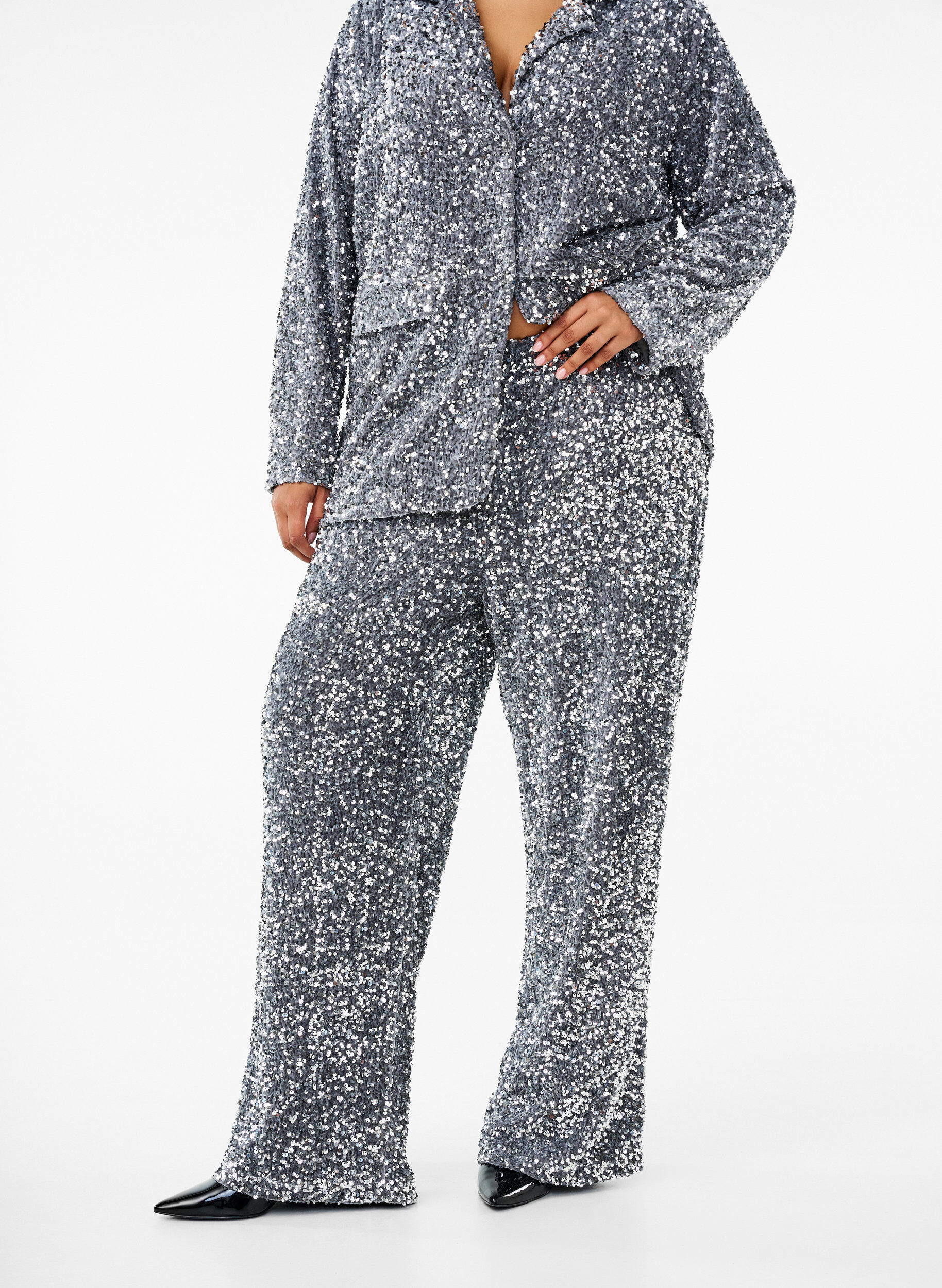 Zizzi Losse paillettenbroek met hoge taille, Silver, Model image number 2