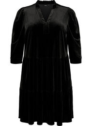 Velour jurk met ruches en driekwart mouwen, Black