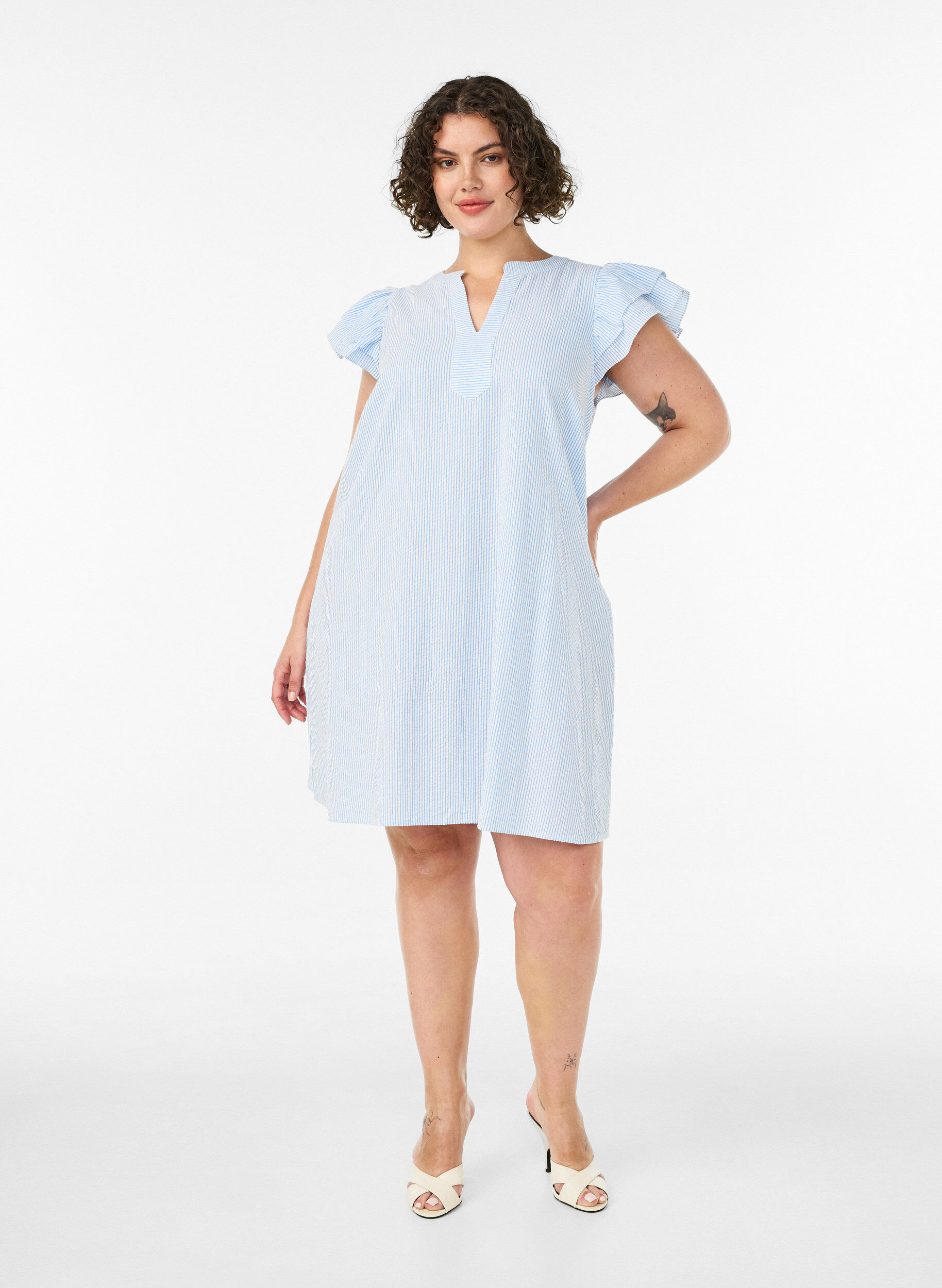 ZizziGestreepte katoenen jurk met ruches en een A-lijn pasvorm, Blauw, Model image number 1
