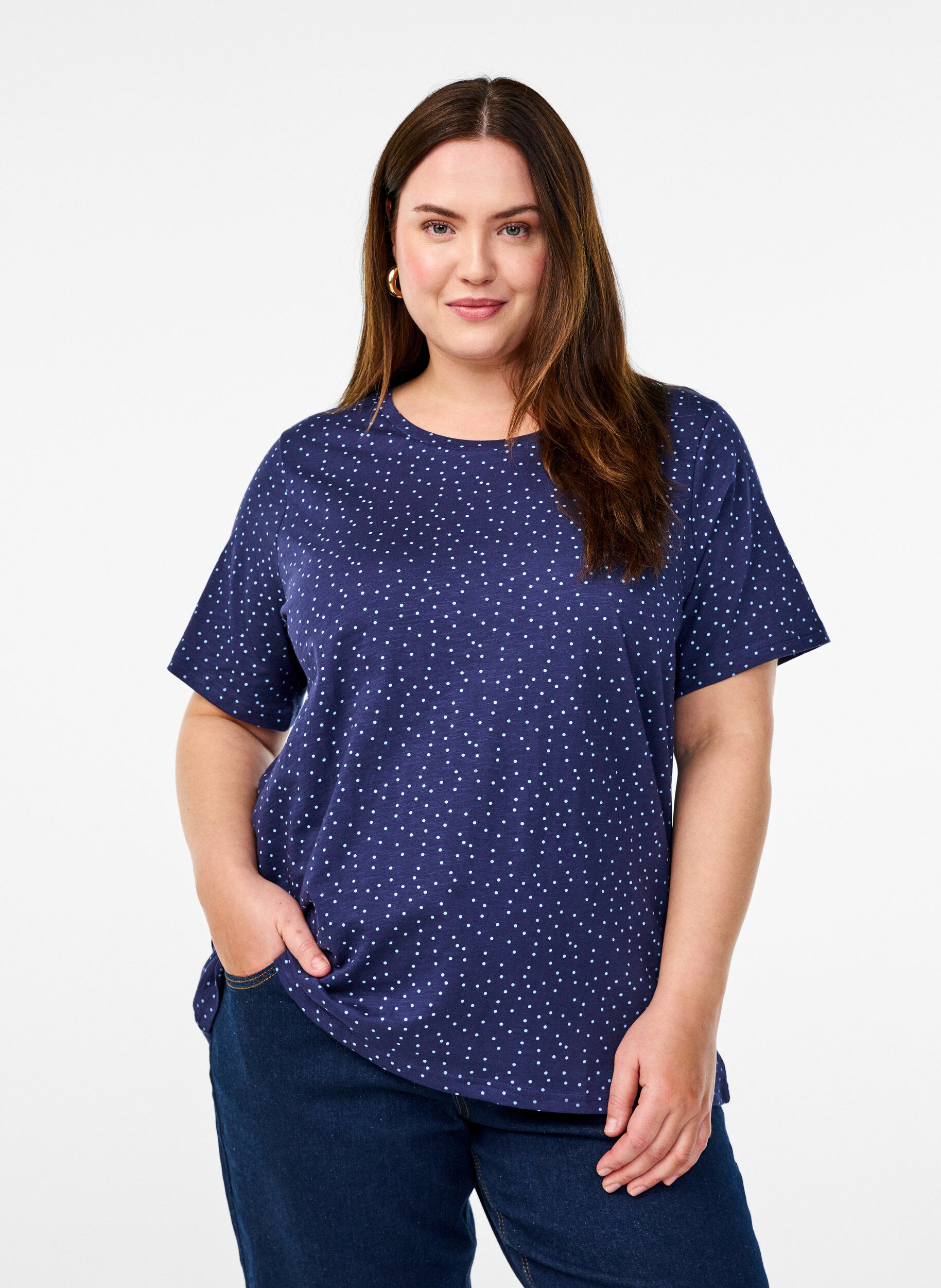 Zizzi Organisch katoen T-shirt met stippen, Blauw, Model image number 0