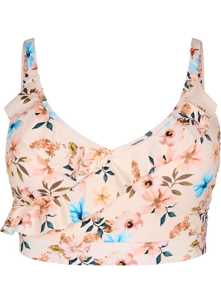 Bloemen bikinitop met ruches, Beige, Packshot image number 0